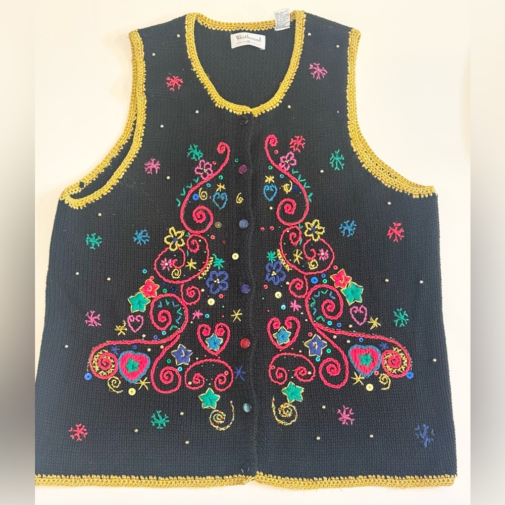 Westbound Christmas Sweater Vest Women's 1X Embroidered W/ Gold Trim Sequines